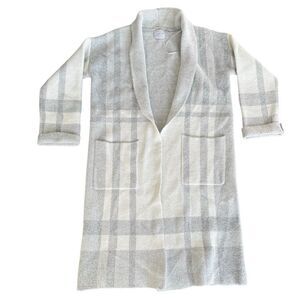 Cyrus Cardigan Shawl Long Plaid Checkered Coat Sweater Medium Grey White